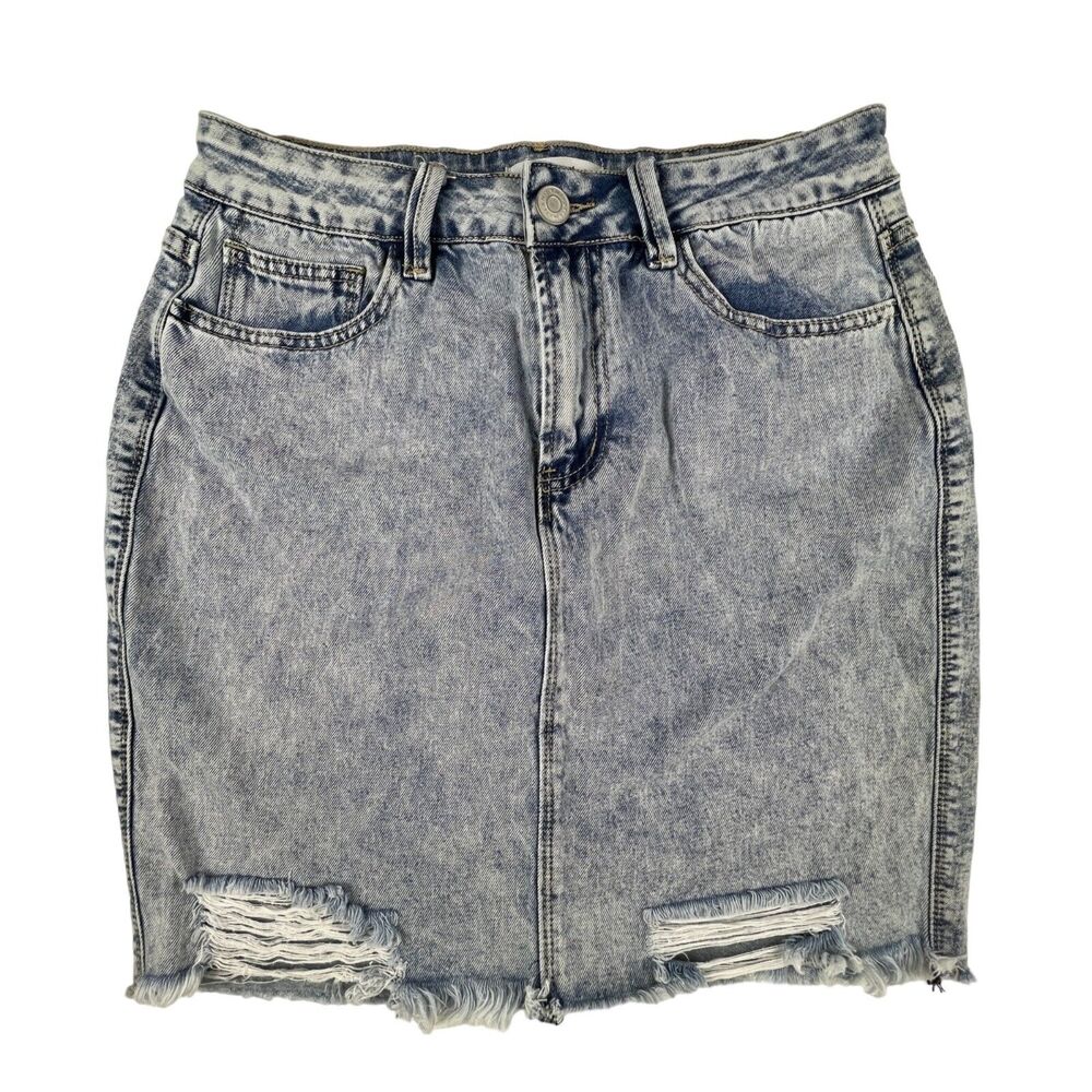 YMI DREAM Womens 11 30 Blue Acid Wash Distressed Denim Skirt Raw Hem Stretch